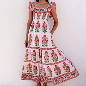 White Midi/Maxi Dress with Red & Green Floral Print